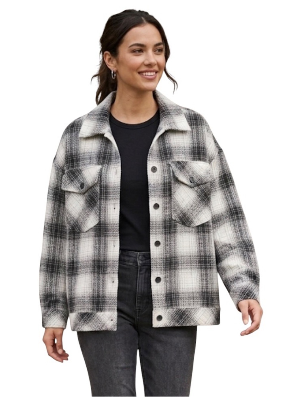 Boston Traders Black White Plaid Wool Blend Shacket Oversized Barn Jacket Size L